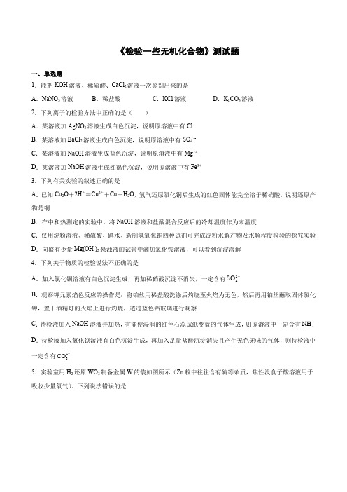 2020-2021学年高二下学期化学沪科版专题13《检验一些无机化合物》测试题(含答案)