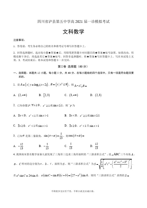 四川省泸县第五中学2021届高三上学期一诊模拟考试文科数学试题 Word版含答案