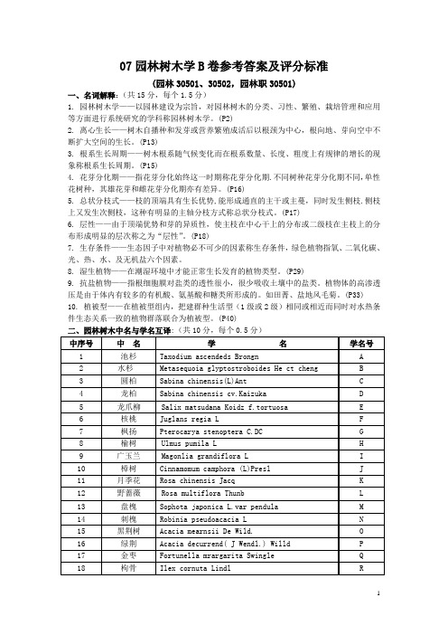 07园林树木B卷参考答案及评分标准