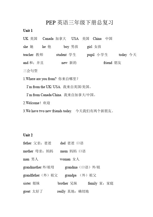 PEP英语三年级下册各单元复习要点整理