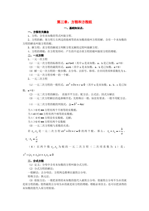 中考数学冲刺班复习资料 代数部分第三章 方程和方程组