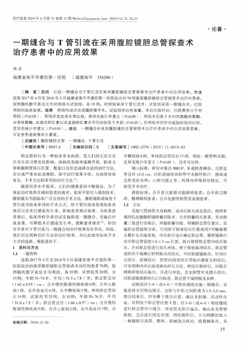 一期缝合与T管引流在采用腹腔镜胆总管探查术治疗患者中的应用效果