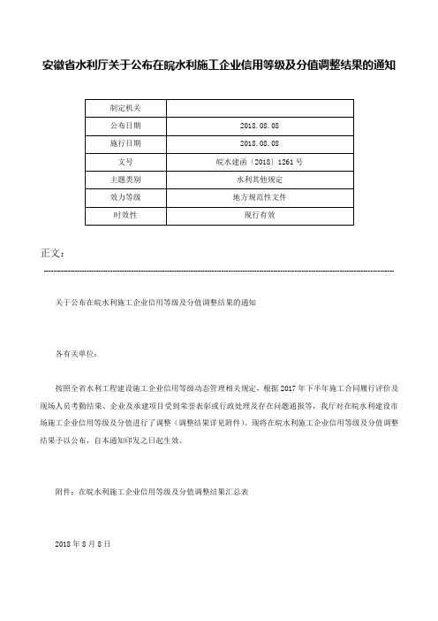 安徽省水利厅关于公布在皖水利施工企业信用等级及分值调整结果的通知-皖水建函〔2018〕1261号