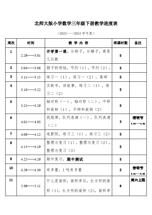 2024年春学期北师大版小学数学三年级下册教学进度表