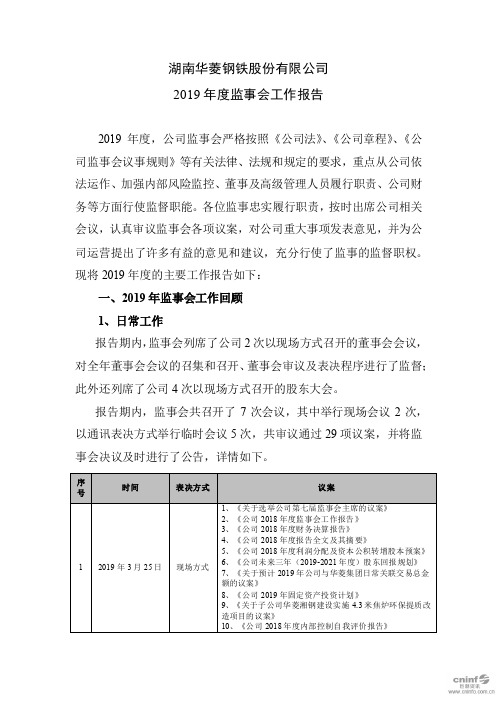 华菱钢铁：2019年度监事会工作报告