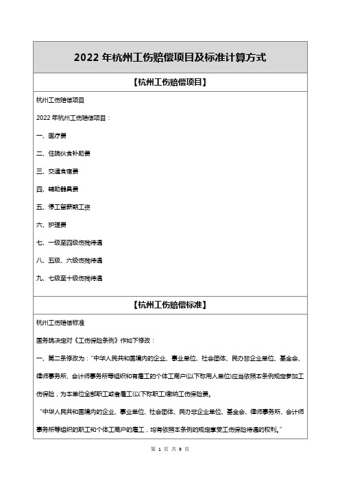 2022年杭州工伤赔偿项目及标准计算方式