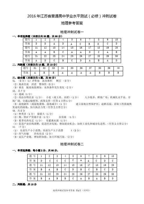 2016年江苏省普通高中学业水平测试(必修)冲刺试卷 地理参考答案