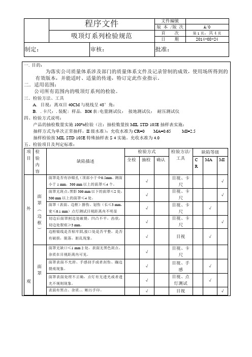 吸顶灯系列检验规范