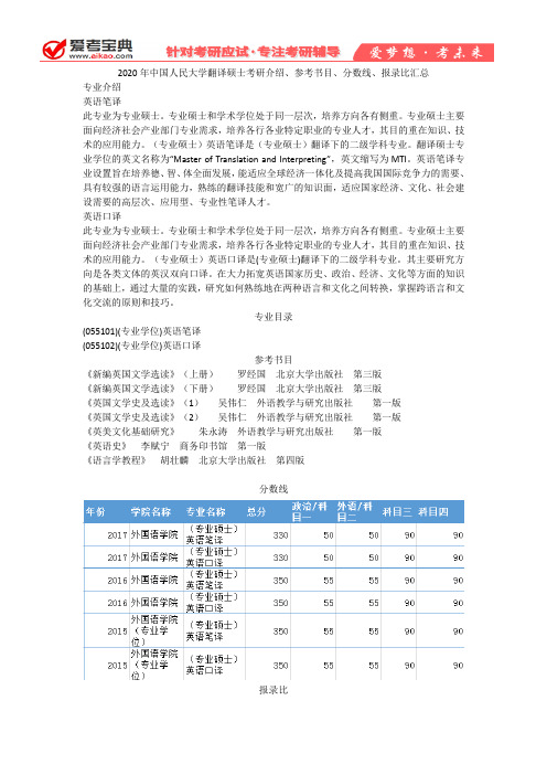 【爱考宝典】2020年中国人民大学翻译硕士考研介绍、参考书目、分数线、报录比汇总