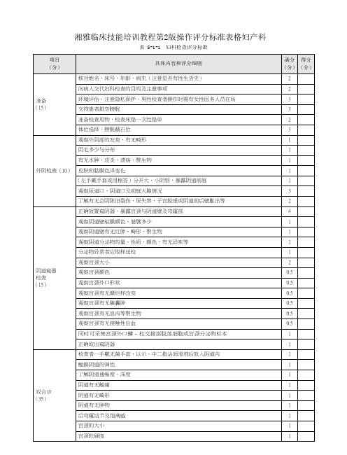 湘雅临床技能培训教程第2版操作评分标准表格妇产科