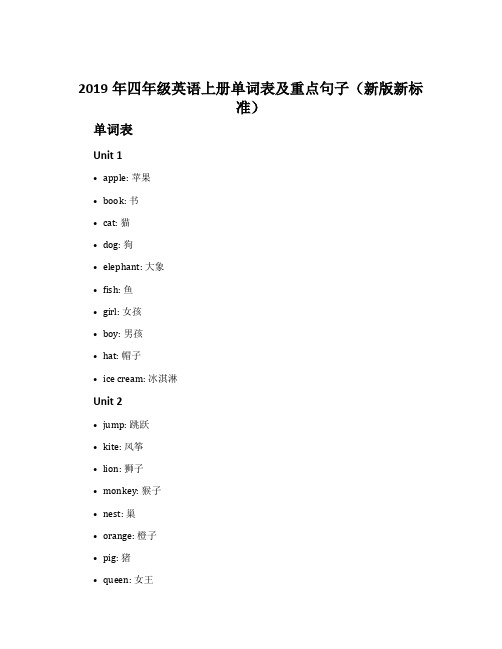 2019年四年级英语上册单词表及重点句子(新版新标准)