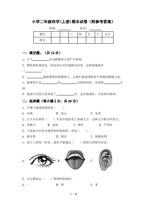 小学二年级科学(上册)期末试卷(附参考答案)