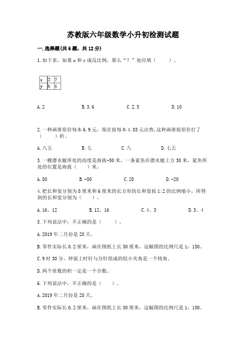 苏教版六年级数学小升初检测试题带解析答案