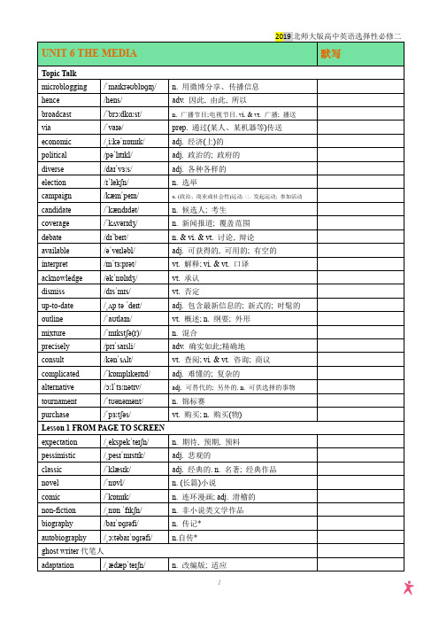 北师大2019新版高中英语选择性必修二UNIT 6 THE MEDIA单词表