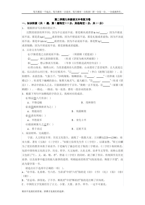 2019-2020学年第二学期浙江省九年级语文中考复习卷