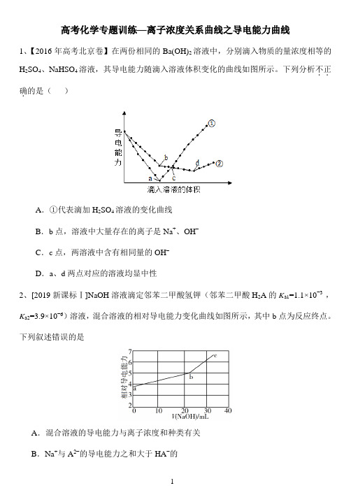 高考化学专题训练—离子浓度关系曲线之导电能力曲线