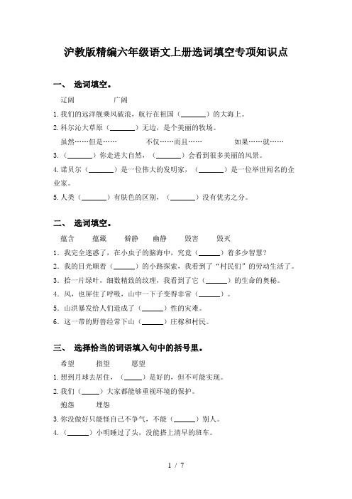 沪教版精编六年级语文上册选词填空专项知识点