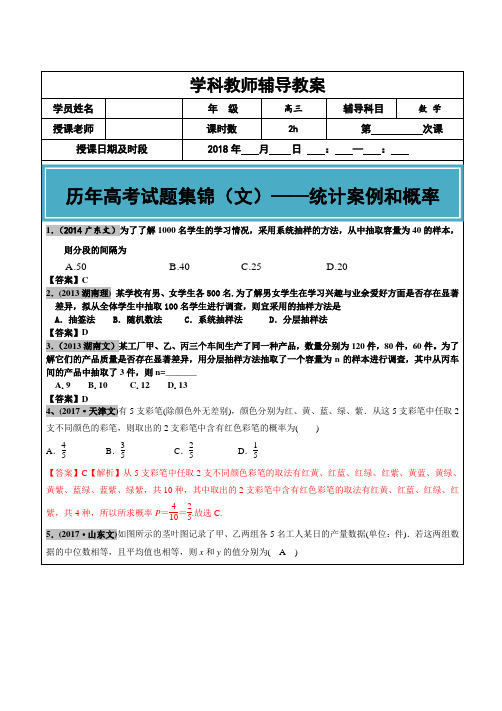 2012-2017年高考文科数学真题汇编：统计案例和概率老师版