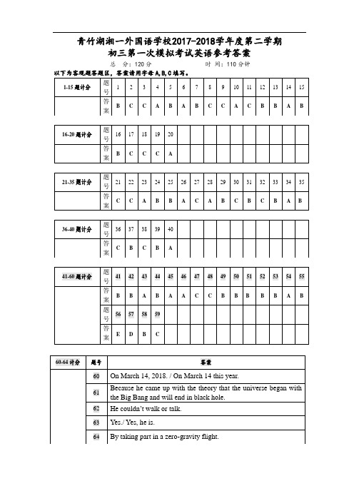 青竹湖湘2017-2018年初一第一次模拟考试英语参考答案