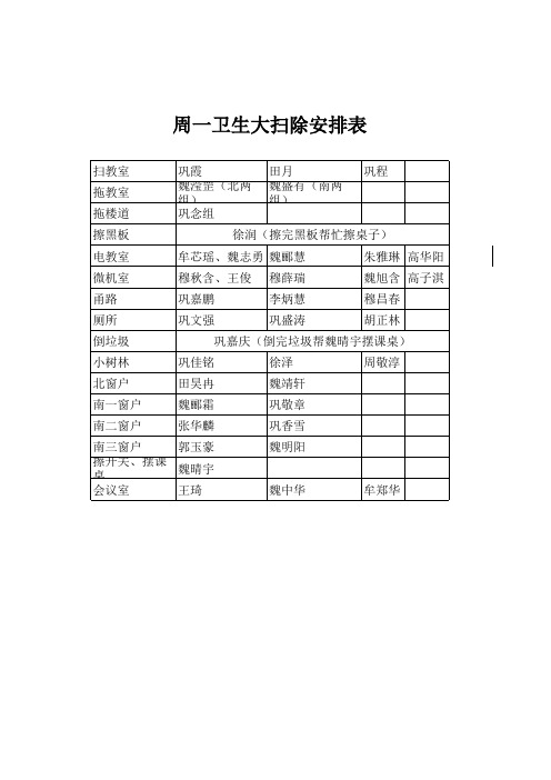 周一卫生大扫除安排表