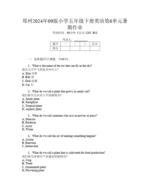 郑州2024年09版小学五年级下册第16次英语第6单元暑期作业