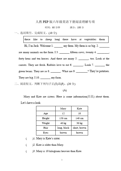 人教PEP版六年级英语下册阅读理解专项含答案