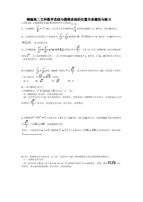 精编高二文科数学直线与圆锥曲线的位置关系题型与练习