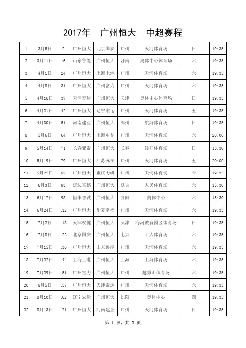 2017年中超赛程-广州恒大