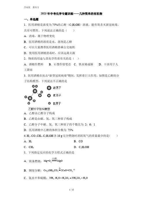 2023年中考化学专题训练——几种简单的有机物 2