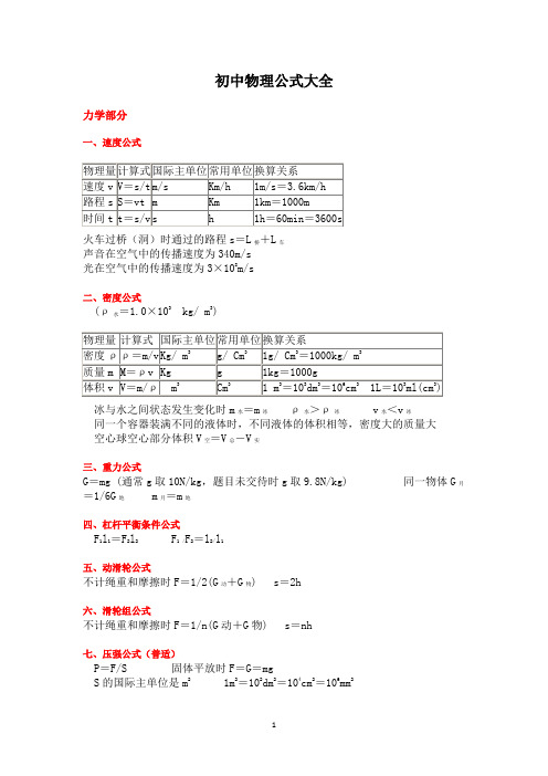 初中物理公式大全