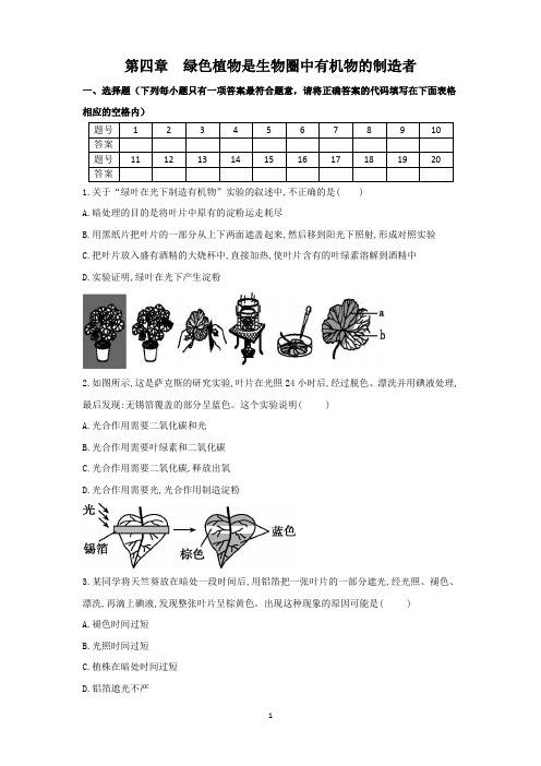 3.4绿色植物是生物圈中有机物的制造者 同步练习2021-2022学年生物人教版七年级上册