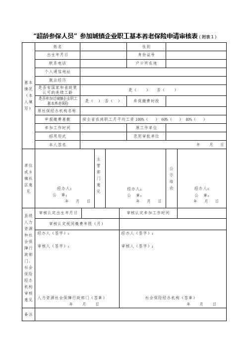 “超龄参保人员”参加城镇企业职工基本养老保险申请审核表