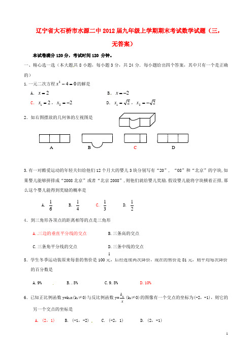 辽宁省大石桥市九年级数学上学期期末考试试题三(无答