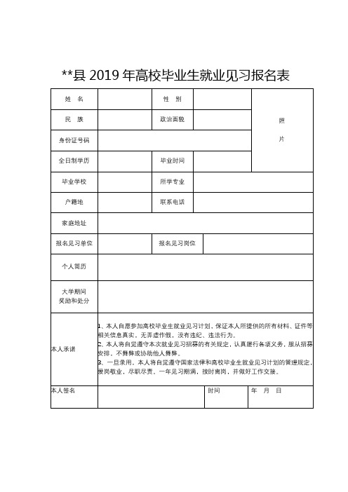 XX县2019年高校毕业生就业见习报名表【模板】