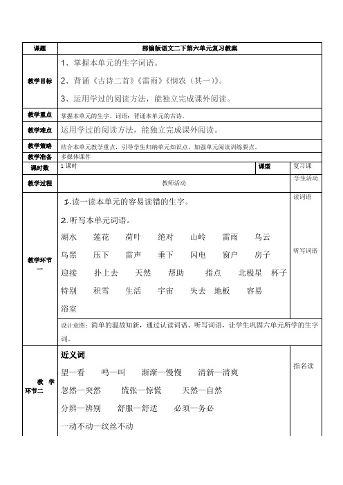 部编版语文二下第六单元 复习教案(含设计意图、板书设计、作业设计)