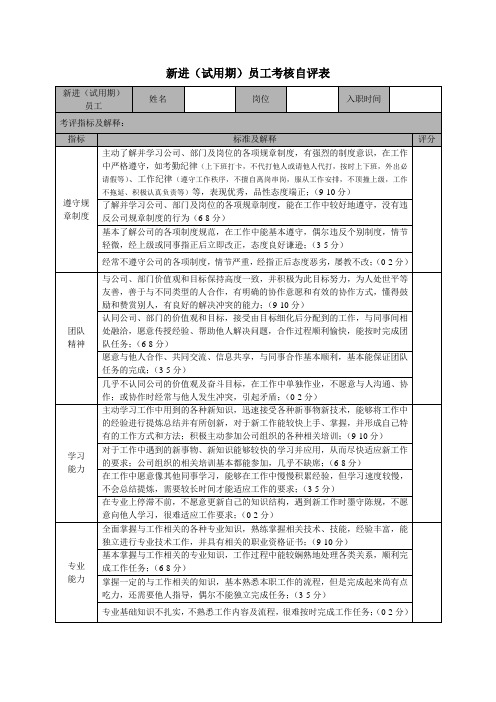 新进人员考核自评表