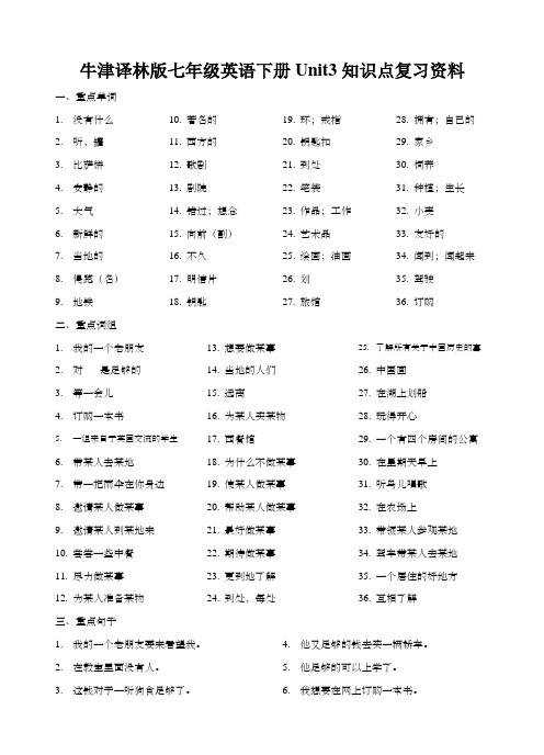 牛津译林版七年级英语下册Unit3知识点复习资料