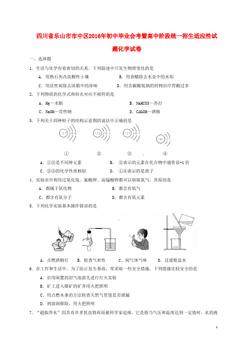 四川省乐山市市中区初中化学毕业会考暨高中阶段统一招生适应性试题