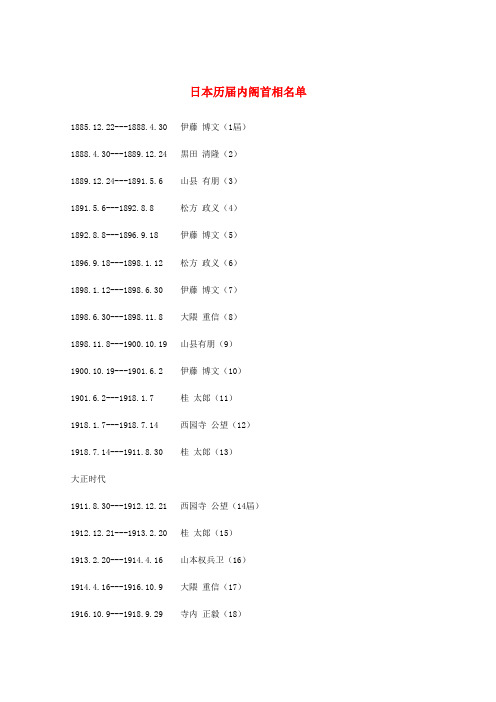 最新-高中历史《日本历届内阁首相名单》常识文本素材 精品