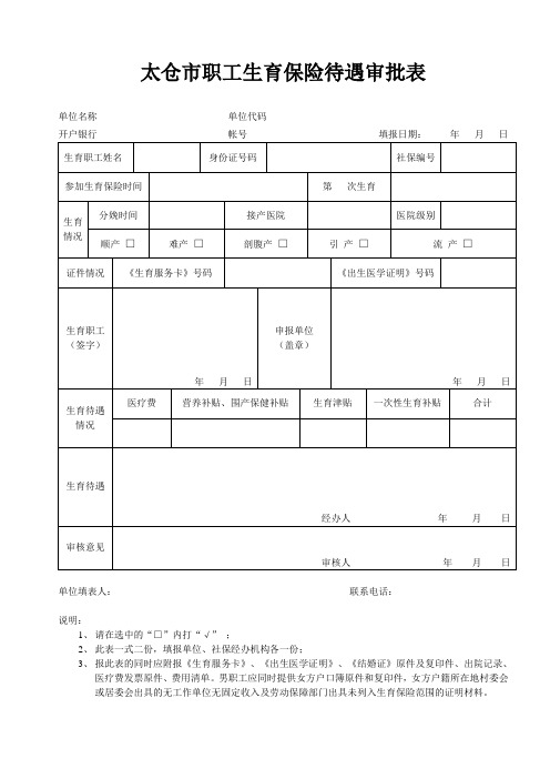 太仓市职工生育保险待遇审批表