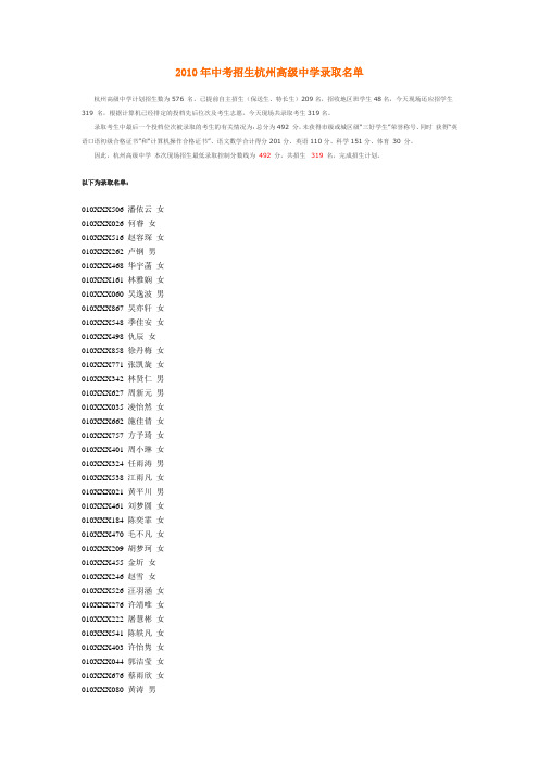 2010年中考招生杭州高级中学录取名单