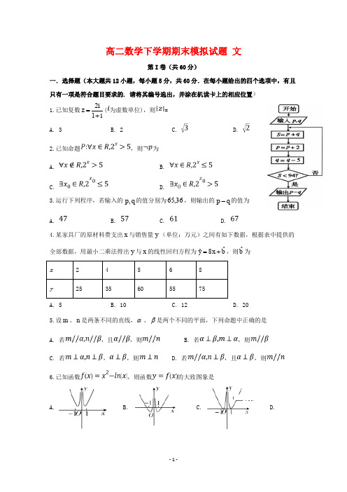 四川省2020学年高二数学下学期期末模拟试题文 