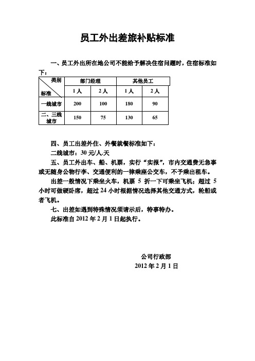 员工外出差旅补贴标准