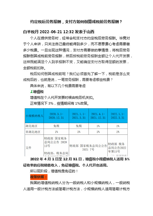 约定税后劳务报酬，支付方如何倒算成税前劳务报酬？