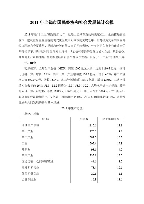 2011年上饶市国民经济和社会发展统计公报