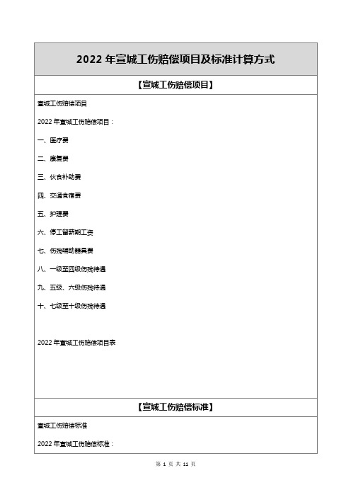 2022年宣城工伤赔偿项目及标准计算方式