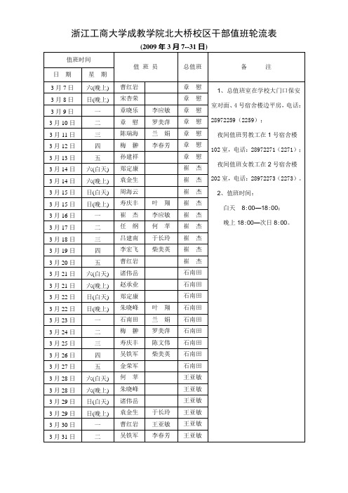 北大桥校区干部值班轮流表