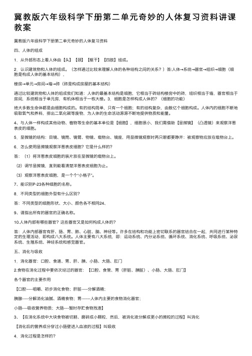 冀教版六年级科学下册第二单元奇妙的人体复习资料讲课教案