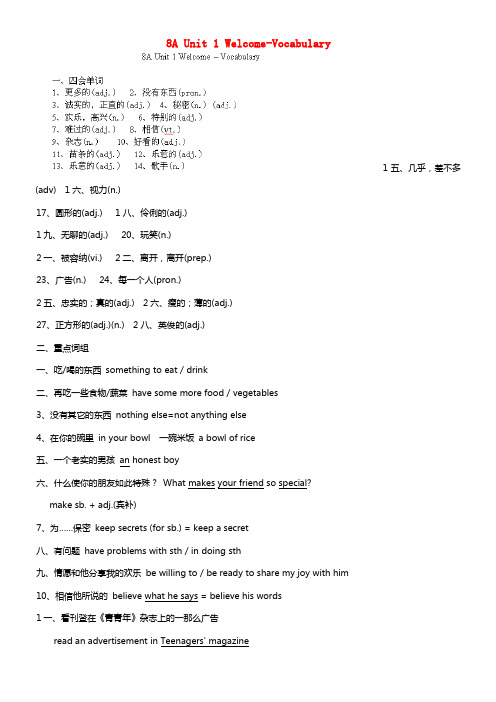 学中考英语总温习 8A Unit 1 Welcome-Vocabulary(1)