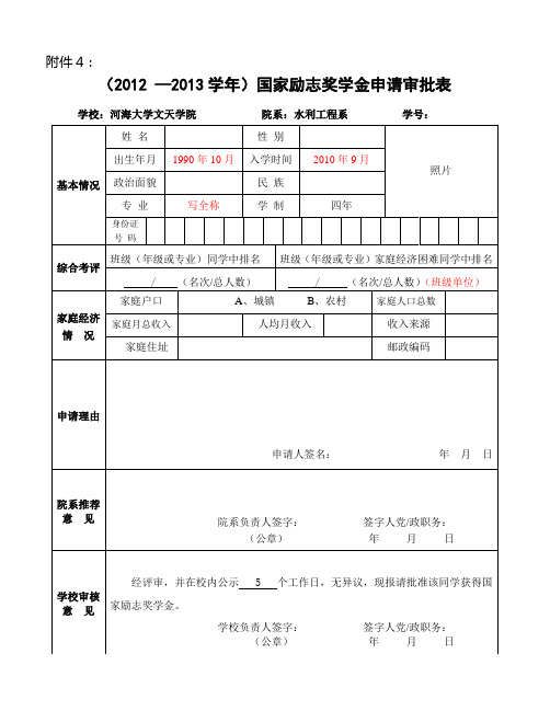 国家励志奖学金申请审批表填写样本及填写说明